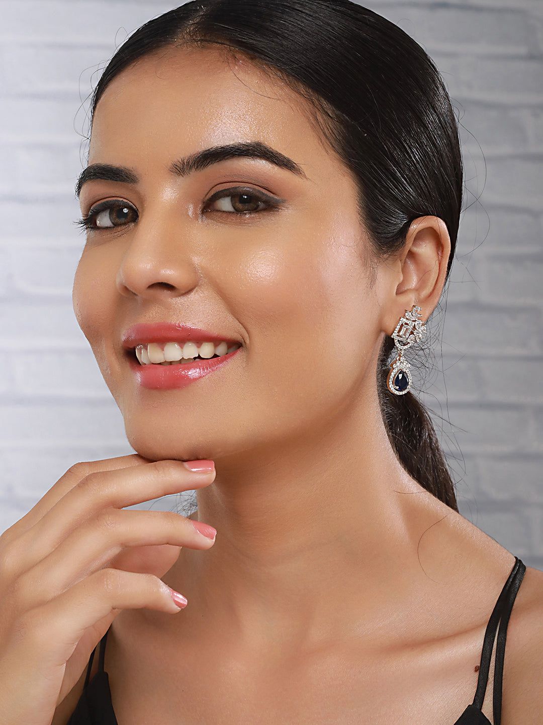 Silver Toned Blue AD Studded Luxe Quirky Drop Earrings