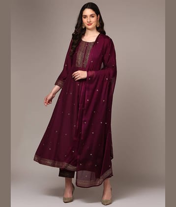 Vaamsi Silk Blend Printed Kurti With Pants Women's Stitched Salwar Suit - Burgundy ( Pack of 1 )