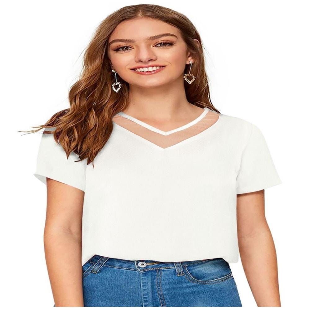 Women's Polyester, Knitting Western Wear T Shirt S (White)