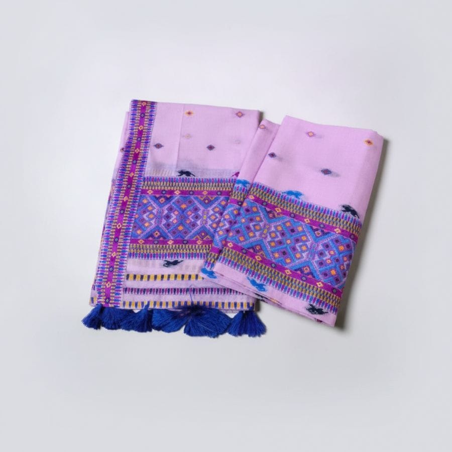 Assamese Mekhela Chador - Lavender with Blue Tassels