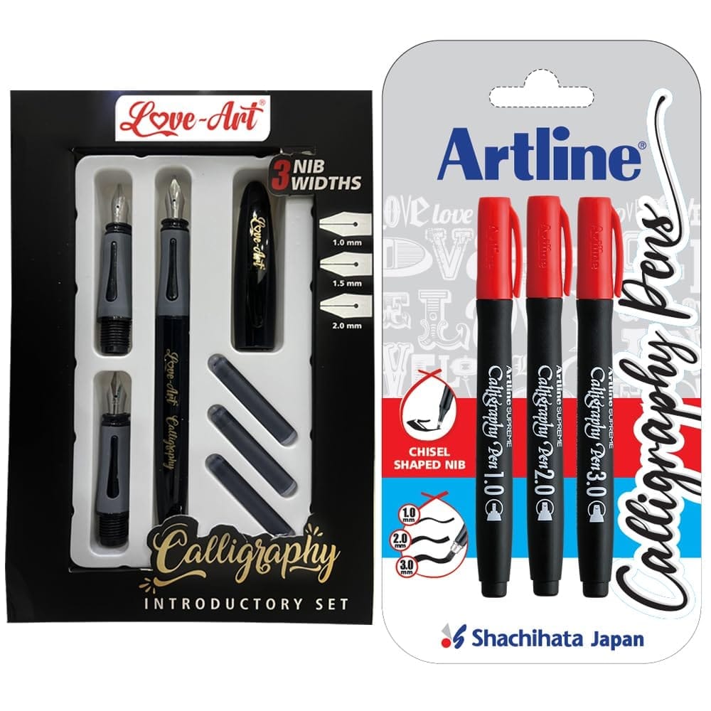 Love-Art Calligraphy Fountain Pen 3 Nibs Set with Ergoline Calligraphy Red Colour Pack of 3 | For Calligraphy, Journaling, Writing, Sketching, Drawing