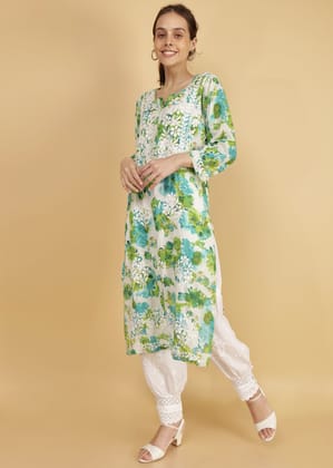 Pure Mulmul Floral Print Green Chikankari Long Straight Kurta