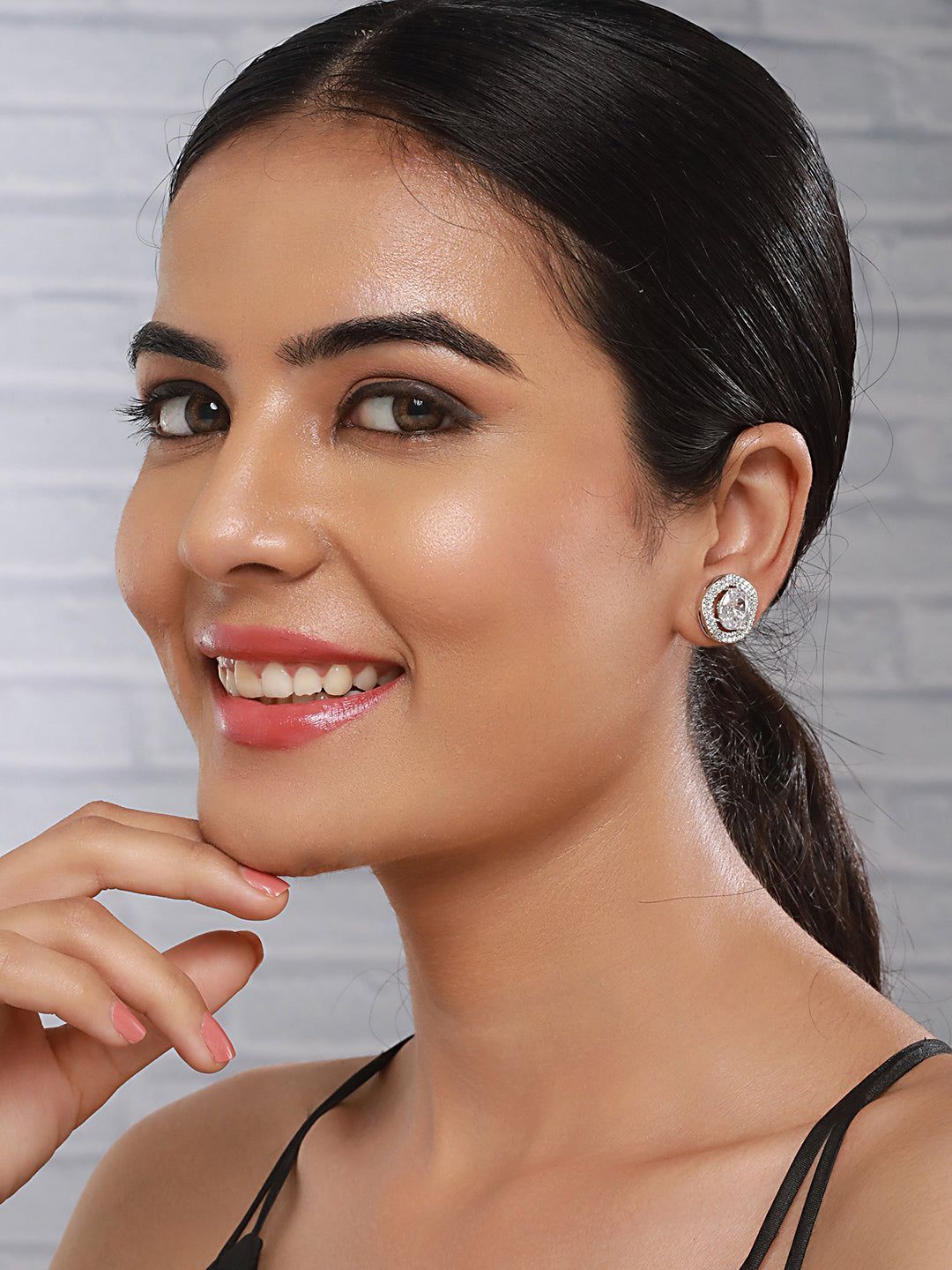 Silver Plated AD Studded Luxe Solitaire Studds Earrings