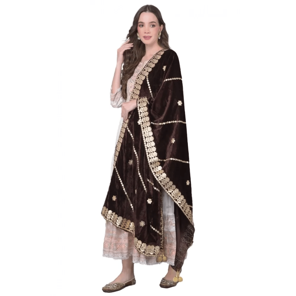 Generic Women's Velvet Gotta Patti Dupatta (Brown, Length: 2.25 to 2.50 Mtr)
