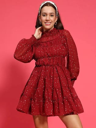 Epic Maroon Foil Print Long Sleeve Ruffle Detail Women Dress Epic Maroon Foil Print Long Sleeve Ruffle Detail Women Dress