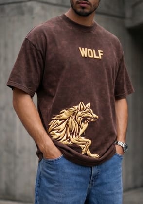 Hue Nox Men's Brown Golden Wolf Graphic Oversized T-Shirt