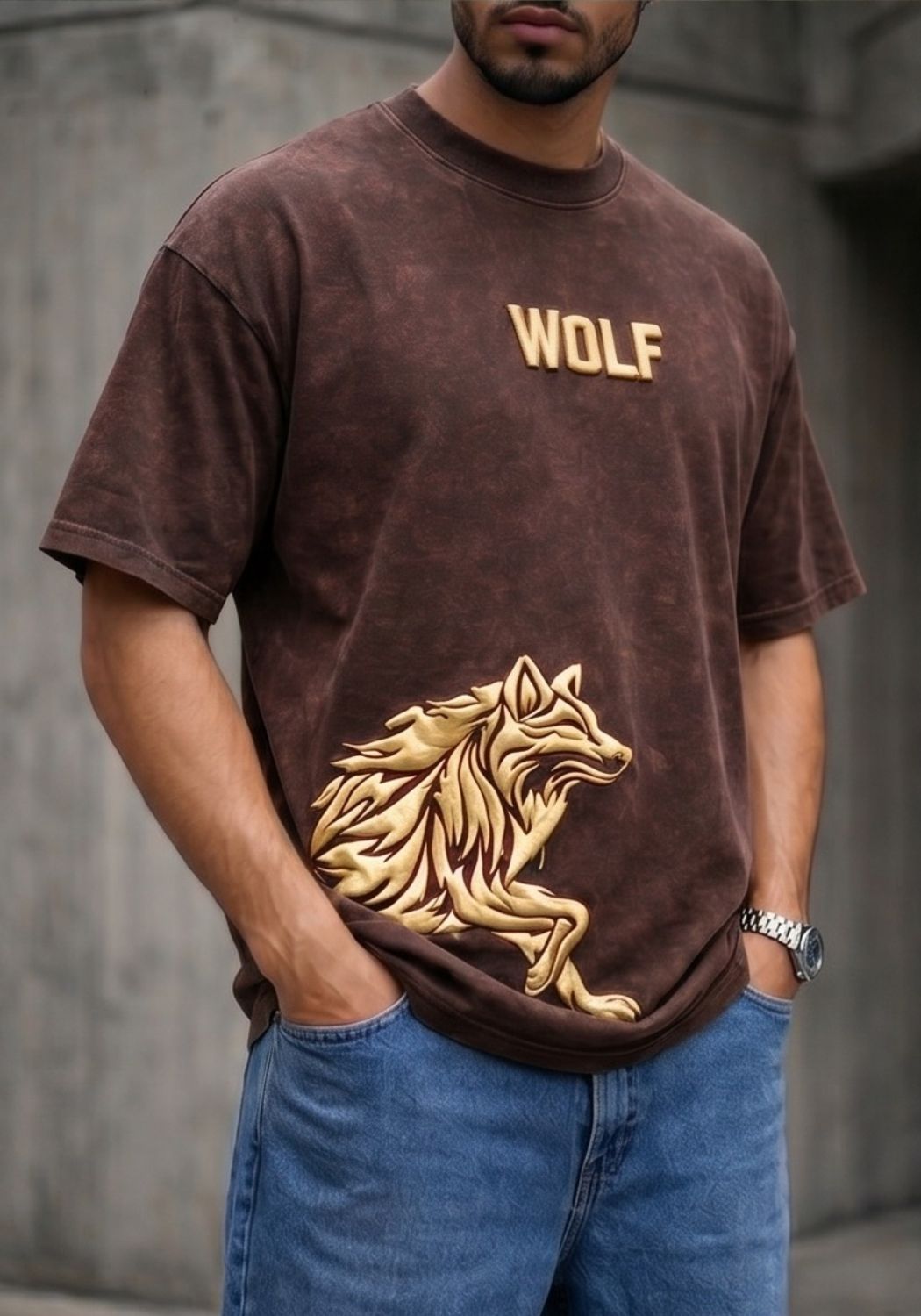 Hue Nox Men's Brown Golden Wolf Graphic Oversized T-Shirt
