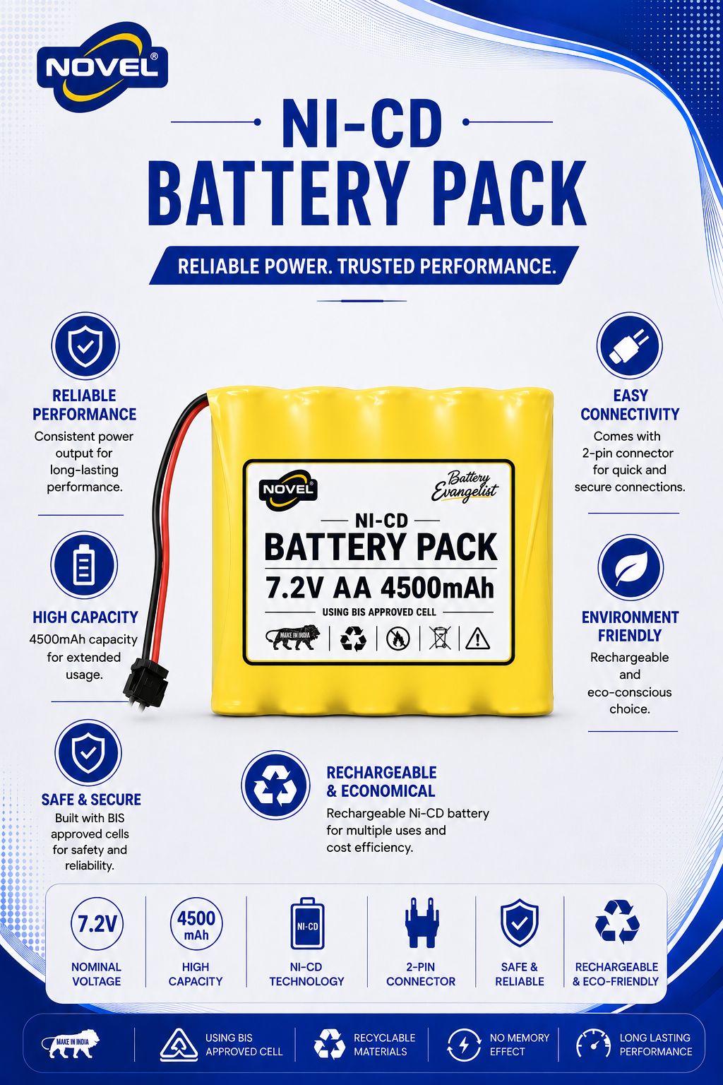 NOVEL 7.2V AA 4500mAh NI-CD Rechargeable Battery SM PIN
