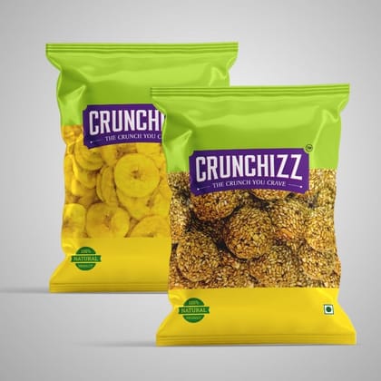 CRUNCHIZZ Authentic Kerala Style Yellow Banana Chips & Sesame Chikki White Combo I Traditional South Indian Recipe I No Artificial Additives I Perfect Munchy Bites I Pack of Two I 200 Grams Each I Total 400 Grams