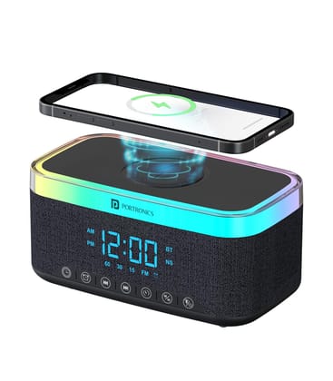 Portronics Trifusion 16W HD Sound Bluetooth Speaker with 15W Wireless Charging, 360RGB LED Lights, Digital Clock with Alarm Setting, Built-in White Noise, USB/SD Card/AUX in, Type C Charging(Black)
