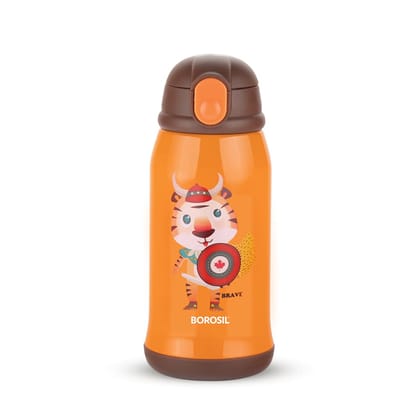 Borosil Tigry 500 ml Stainless Steel Kids Sipper Water Bottle , 12 Hours Hot Cold , Orange