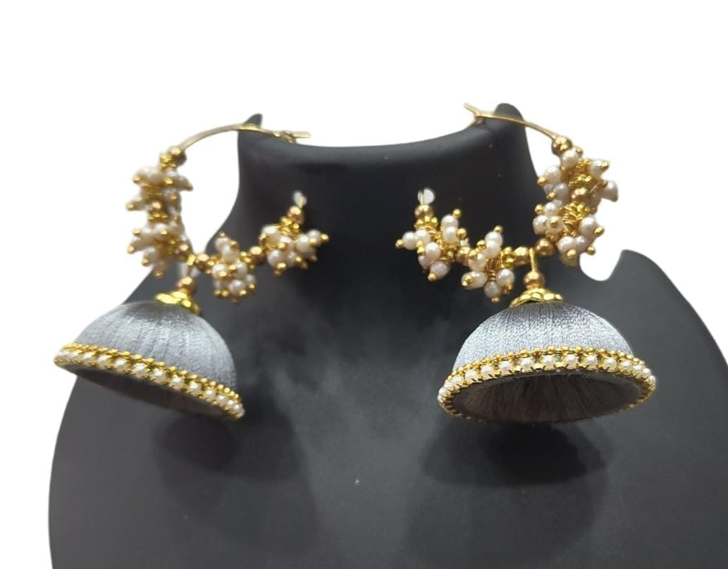 "Stunning Chandbali Earrings with Grey Silk Thread and Pearl Beads for Women"