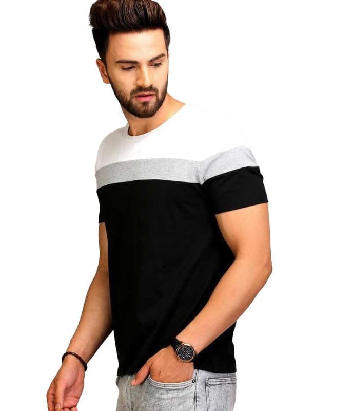 Men's Casual Colorblock Cotton Blend Round Neck T-Shirt (Black, 2XL)-PID47796