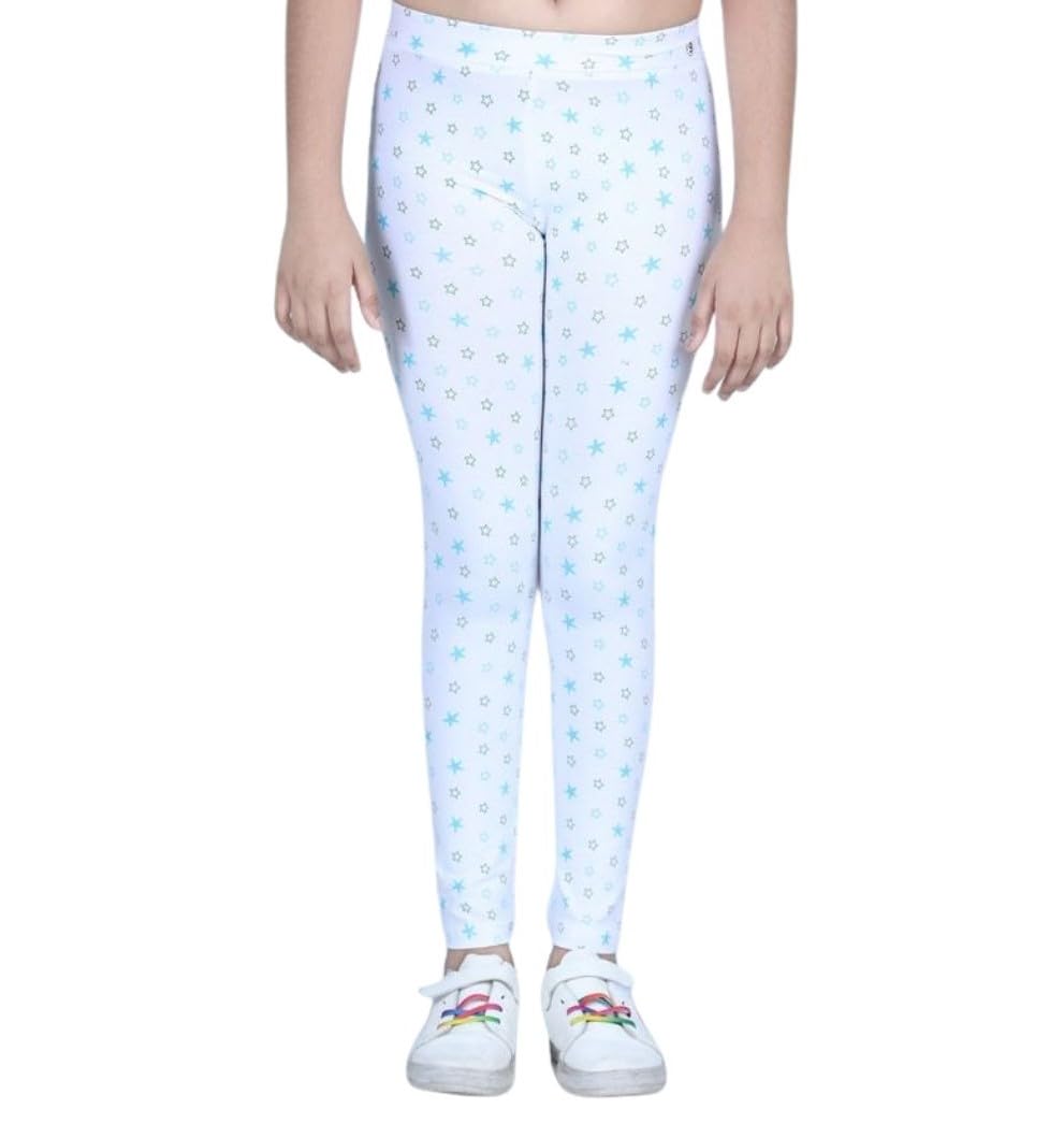 Girl's Cotton Blended Printed Elasticated Leggings (White, 5-6-Yrs)-PID66131