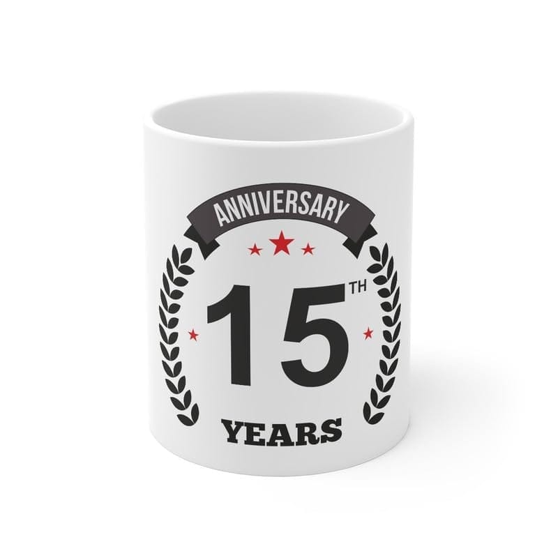 DARSHANS Ceramic 15th Anniversary Printed Coffee Mug (Color: White, Capacity:330ml)