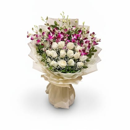 White Rose and Purple Orchid Bouquet