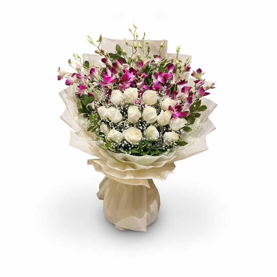 White Rose and Purple Orchid Bouquet