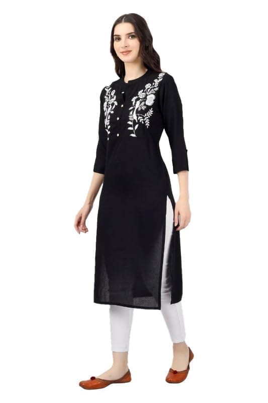 Women's Embroidered Calf Length Rayon Kurti (Black, M)-PID46332