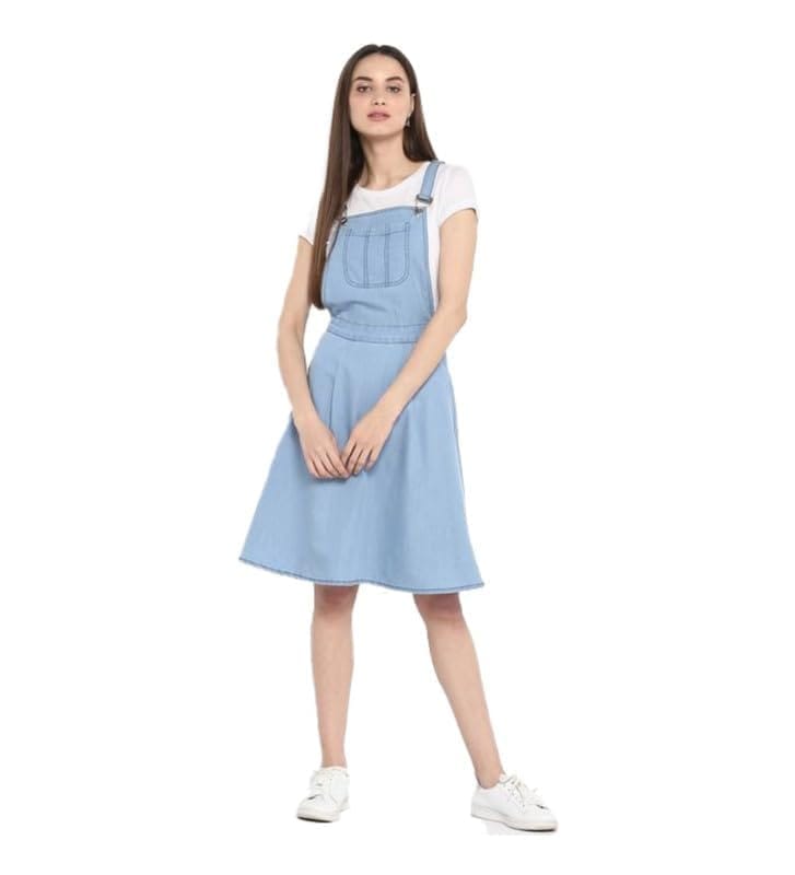 Women's Denim Solid Sleeveless Above Knee Dress (Blue, M)-PID55742