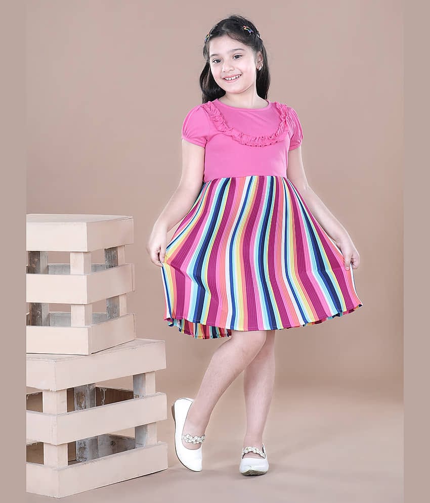 StyleStone 100% Cotton Fit And Flare Dress For Girls ( Pack of 1 , Multicolor )