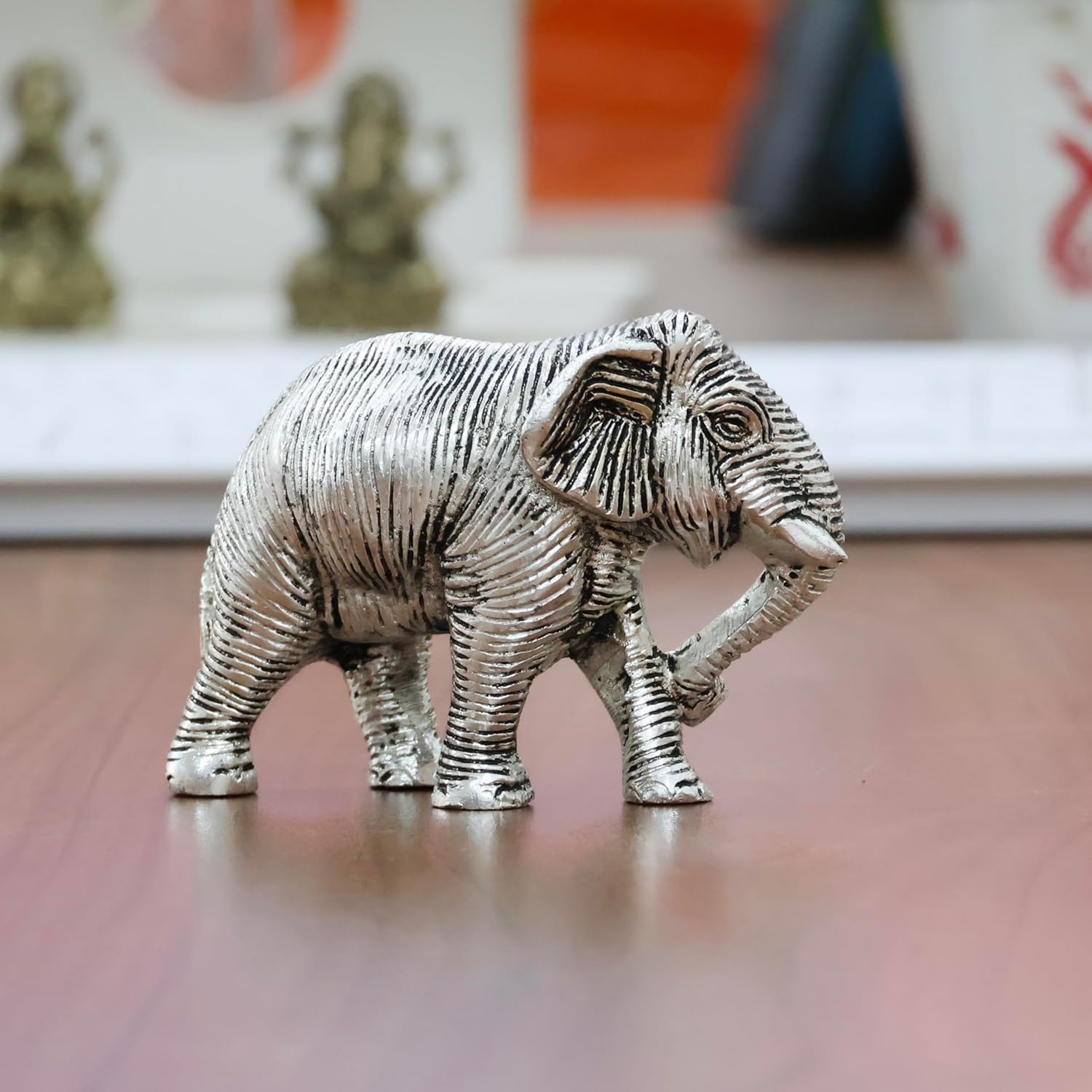 Dreamkraft Silver Toned African Elephant Figurine - Metal Decorative Showpiece for Home, Office & Gift - Antique Finish - 7 cm Height, Aluminium, Silver Colour