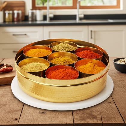 Brass Spice Box Masala Box Set With Spoon (ZMAS467 Q)