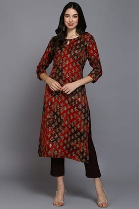 Red Cotton Ethnic Motifs Straight Kurta VCK9300