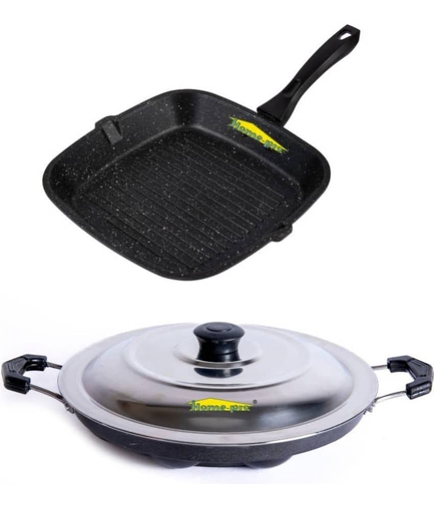 HomePro Non-Stick Set, Grill Pan 26 cm, Black Appam Patra with Steel Lid 12 Cavity (Pack of 2)