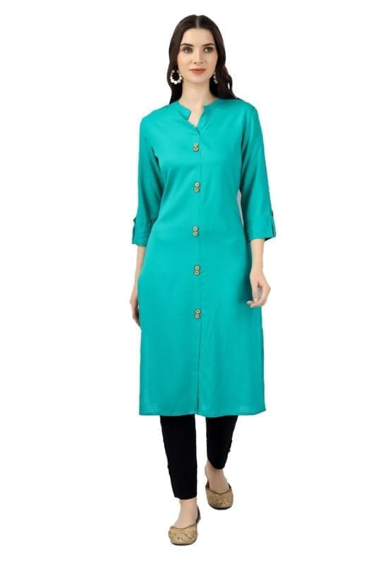 Women's Solid Calf Length Rayon Kurti (Turquoise, S)-PID46330