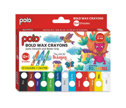 polo Bold Wax Crayons Set - 12+1 Shades with Glitter, Extra Smooth & Non-Toxic for Kids and Adults, Perfect for Drawing, Coloring, and Creative Art Projects - Durable, Easy Grip Crayons