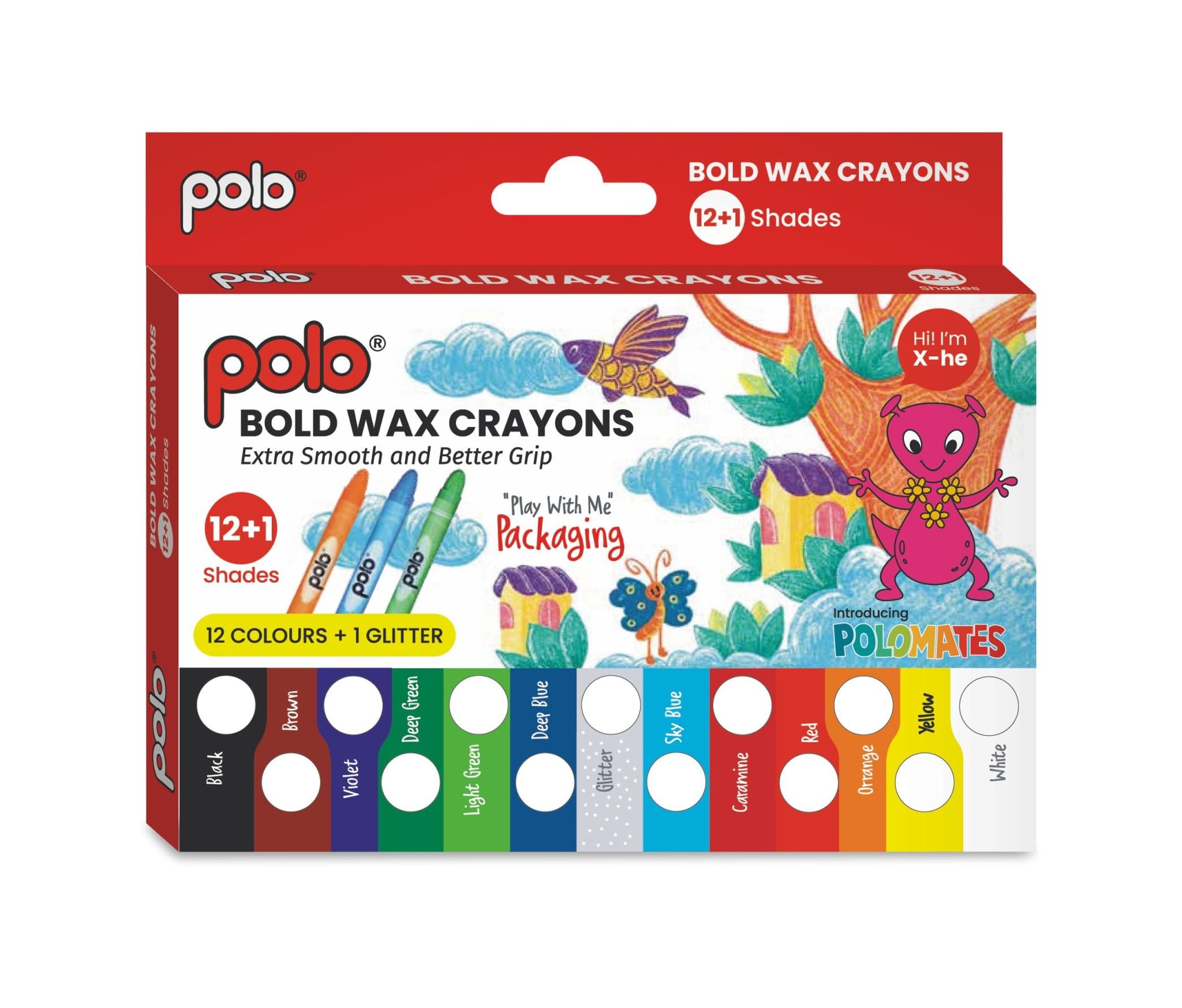 polo Bold Wax Crayons Set - 12+1 Shades with Glitter, Extra Smooth & Non-Toxic for Kids and Adults, Perfect for Drawing, Coloring, and Creative Art Projects - Durable, Easy Grip Crayons