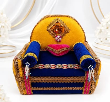 PATITAPABAN Laddu Gopal Sofa Cum Sinhasan with Cushioned Pillows | Wooden All Purpose Chowki (Yellow, Blue, Gold, Pack of 1)