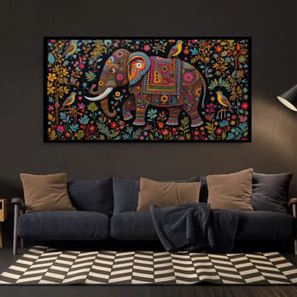 Luminary Traditional Indian Minimalist Folk Art – Elephant Canvas Wall Décor | Frame Size (127 X 69 Cm) | Frame Type (Black) | 5-Year Warranty