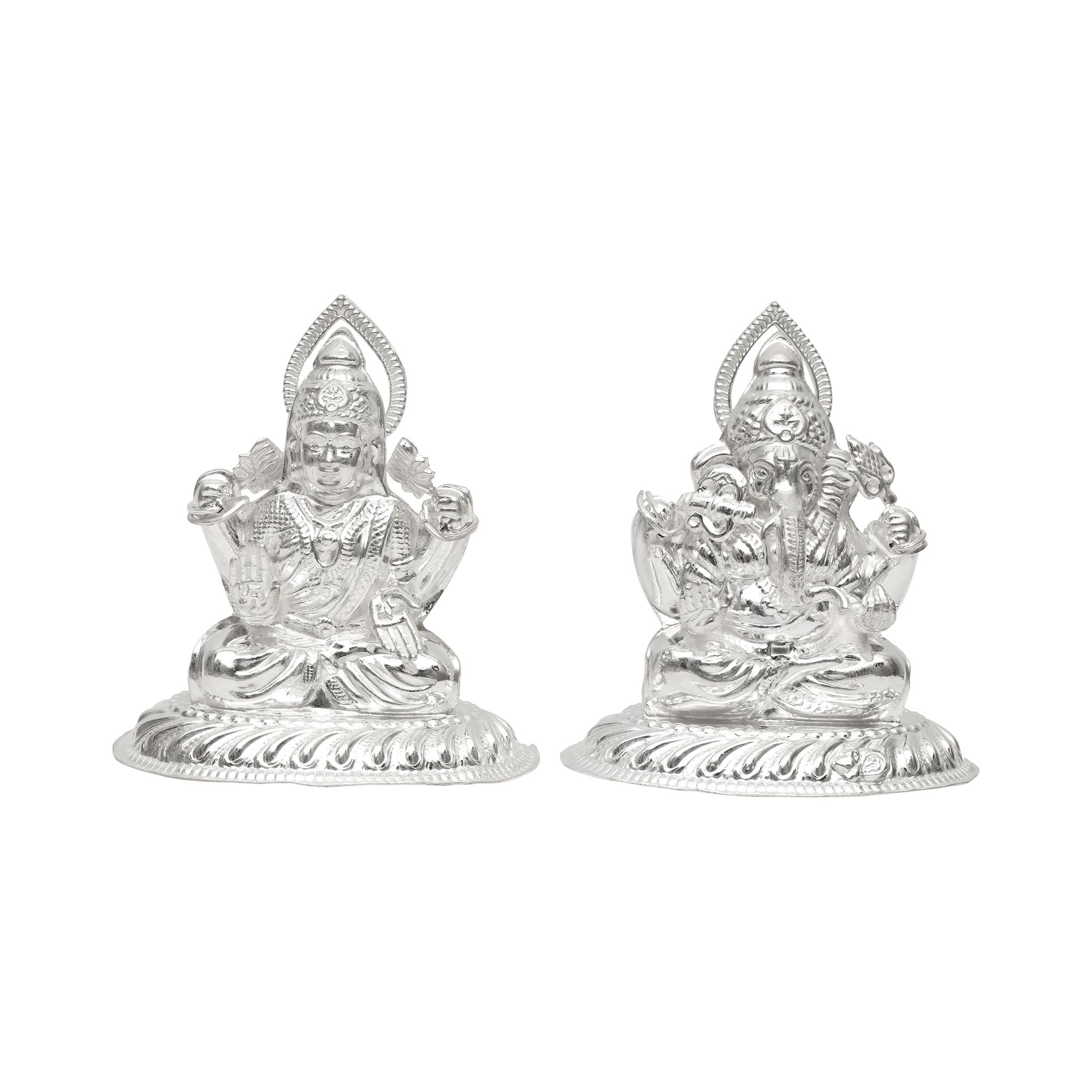 Pure Silver Lakshmi Ganesh Idol Set with Prabhavali | 925 Hallmarked Laxmi Ganesha Murti for Puja, Diwali Gift, Home Temple Décor I Weight - 70 g