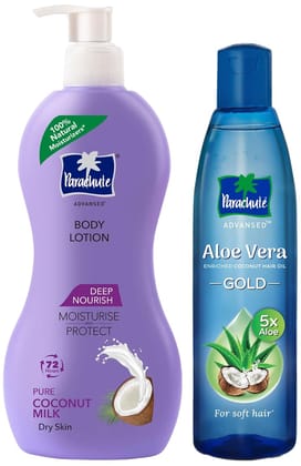 Parachute Advansed Deep Nourish Body Lotion for Women & Men, 400ml & Aloe Vera Enriched Coconut Hair Oil GOLD, 400ml Parachute Advansed Deep Nourish Body Lotion for Women & Men, 400ml & Aloe Vera Enriched Coconut Hair Oil GOLD, 400ml - Purple / 400 ml + 