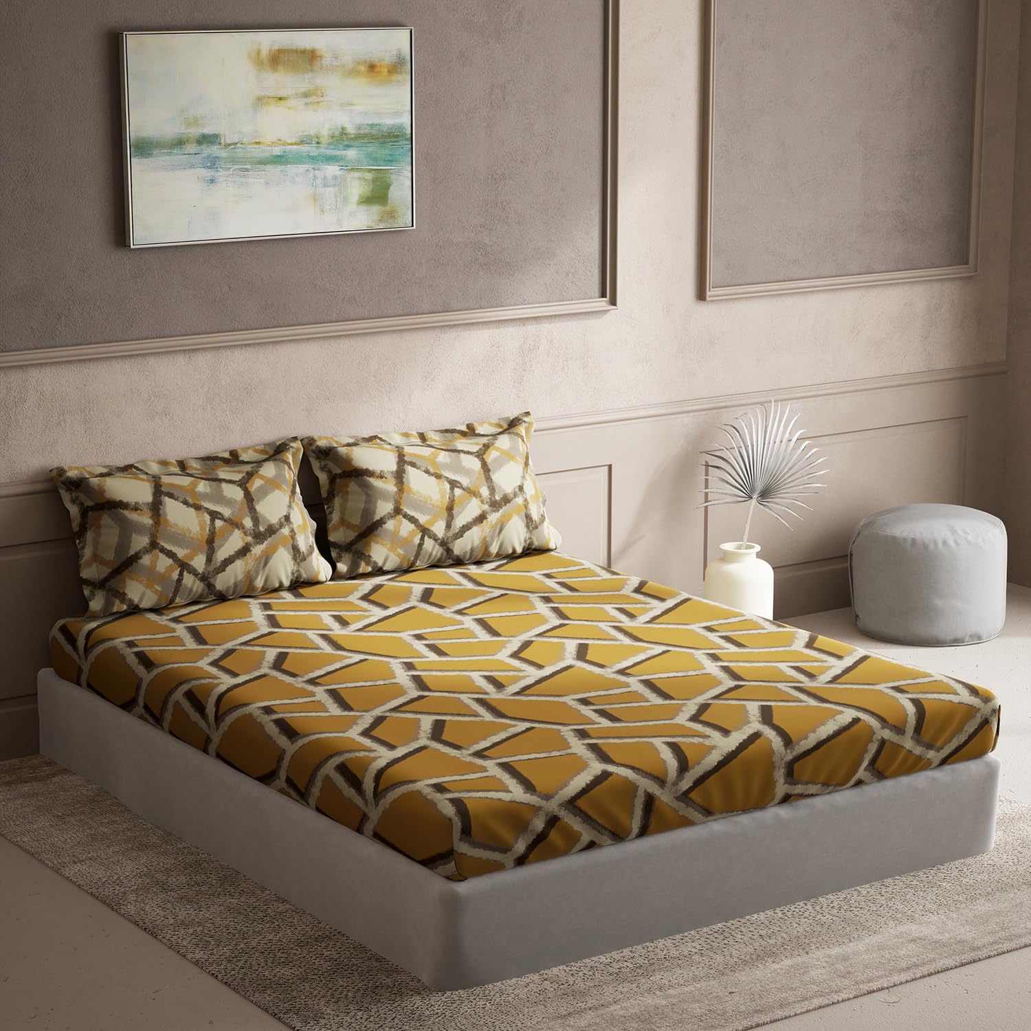 DDECOR - Souvenir Collection 100% Cotton Abstract Pattern 145TC Super King |274 CM X 274 CM| with 2 Pillow Covers - Yellow