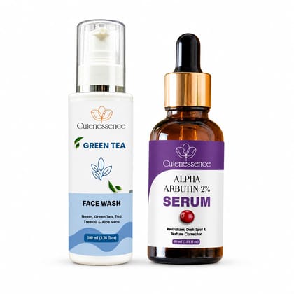 Cutenessence Clear Skin Duo – Green Tea Face Wash & Alpha Arbutin 2% Serum for Acne Marks Reduction, Oil Control & Bright Skin | Daily Skincare Combo for Men & Women