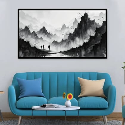 Luminary Majestic Mountain Peaks – Scenic Nature Landscape Canvas Painting | Frame Size (127 X 69 Cm) | Frame Type (Black) | 5-Year Warranty
