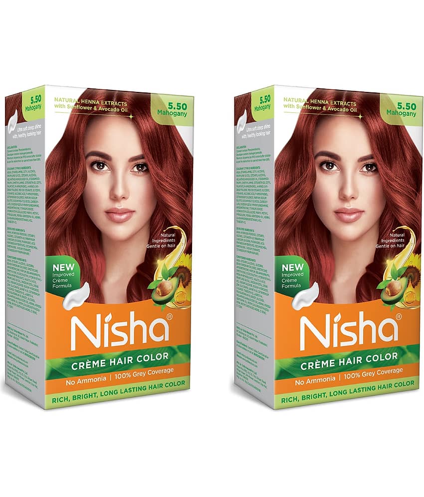 Nisha Creme Hair Color 5.50 Mahogany 120g Pack of 2, Permanent Hair Colour for Women Men, No Ammonia, 100% Grey Coverage