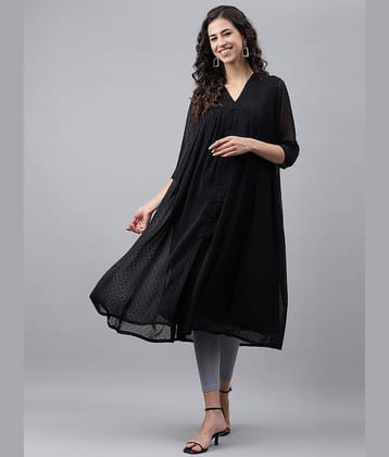 Janasya Chiffon Self Design Flared Women's Kurti - Black ( Pack of 1 )