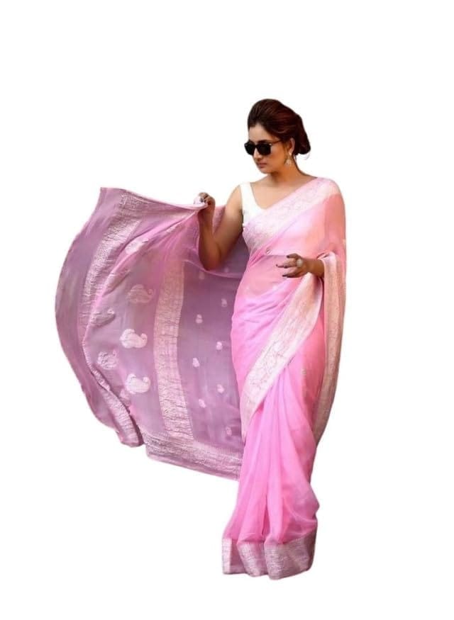 Women's Soft Lichi Silk Printed Saree With Unstitched Blouse 5.5Mtr (Pink)-PID63587