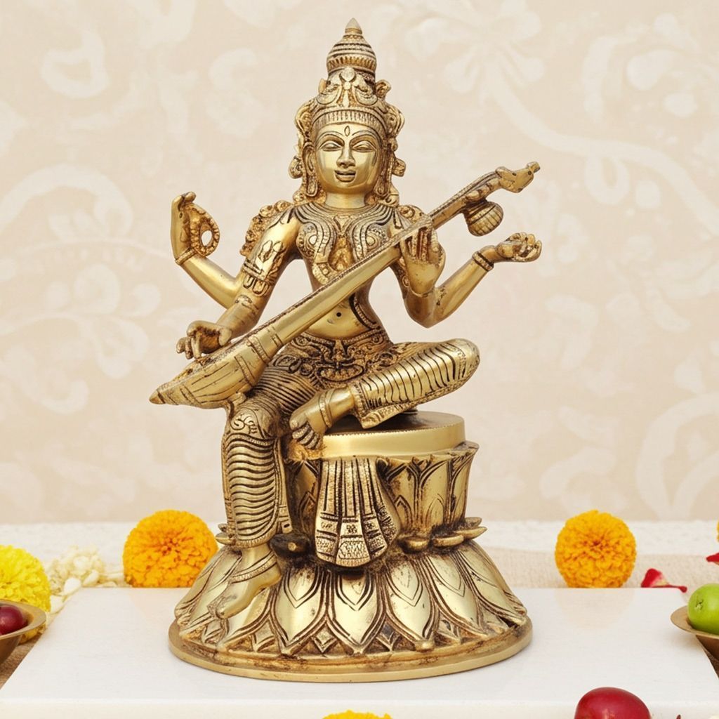 Brass Saraswati Ji Premium Idol - Decorative Handcrafted Statue, Height : 14 Inch (BSMAS1536 F)