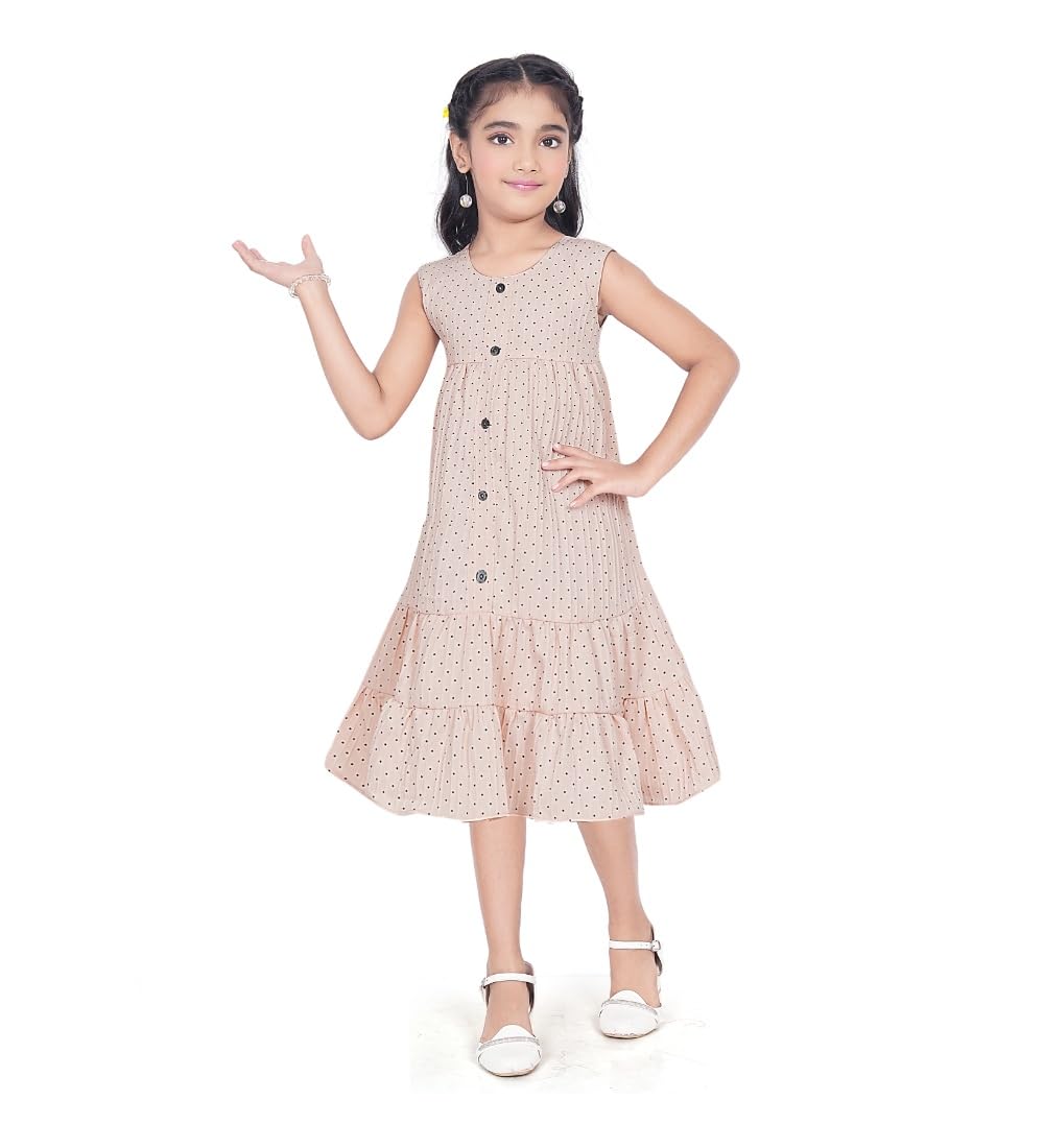 Girl's Slub Printed Sleeve Less Round Neck Dress (Brown, 6-7_Yrs)-PID63810