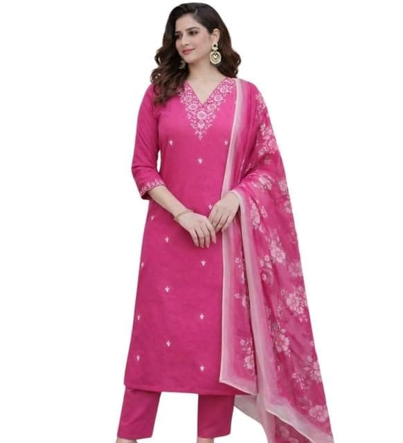 Women's Chanderi Silk Ethnic Motif V-Neck 3/4th Sleeve Kurti With Pant Dupatta Set (Pink, 2XL)-PID65970