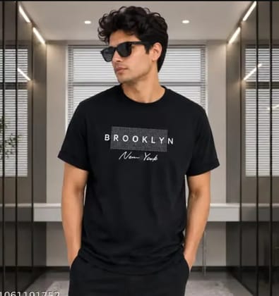 Mens Brooklyn New York Printed Round Neck Half Sleeve Black T-Shirt for Men