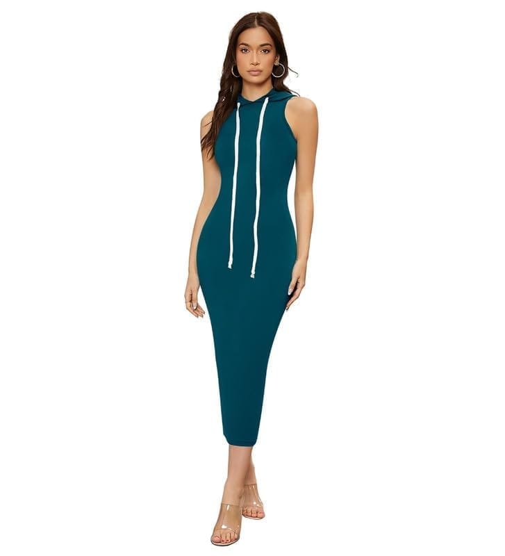 Women's Knitting Stretchable Solid Round Neck Sleeveless Dresses (Blue, S)-PID56812