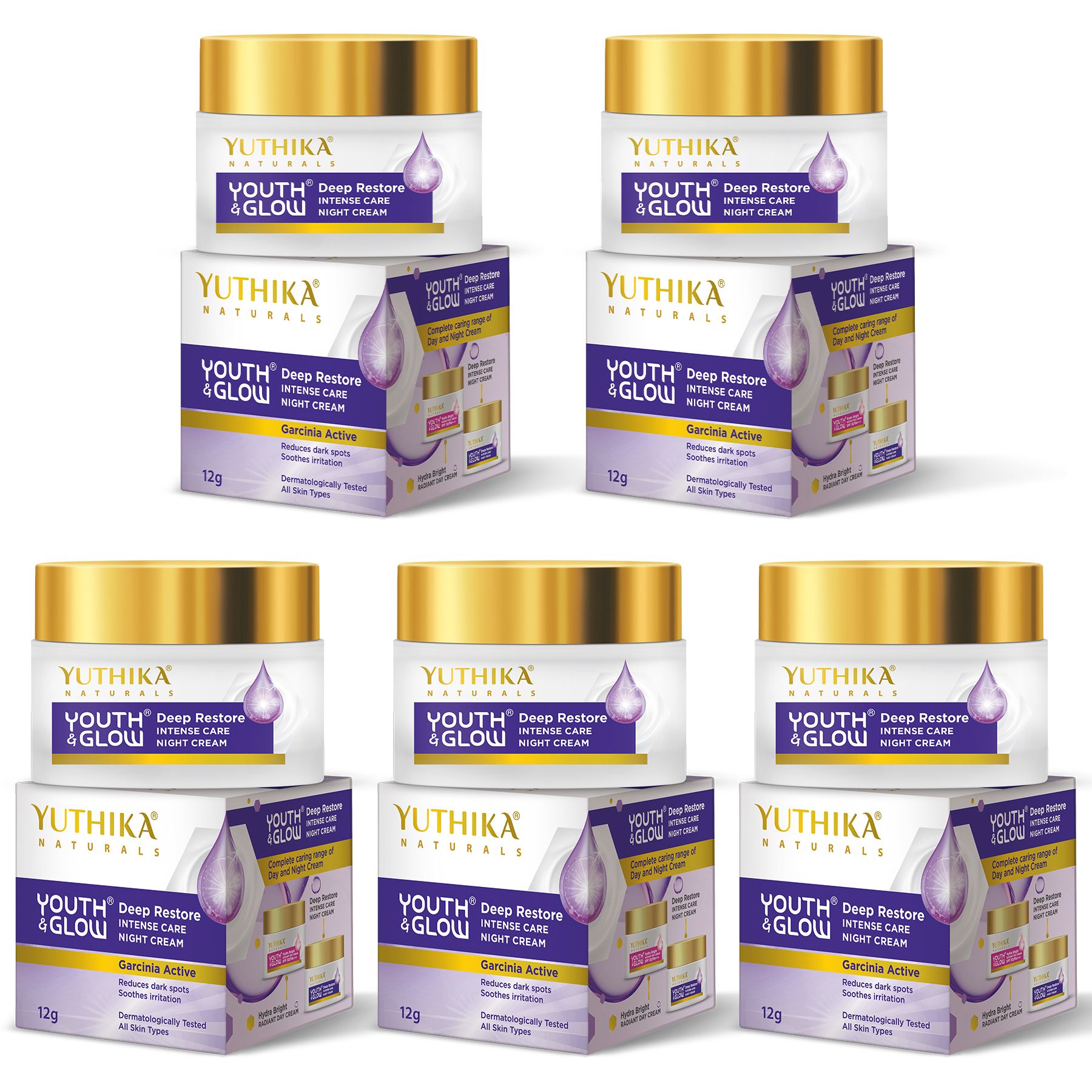 Yuthika Youth & Glow Deep Restore Intense Night Cream for All Skin Types 12g Pack of 5, Dermatologically Tested