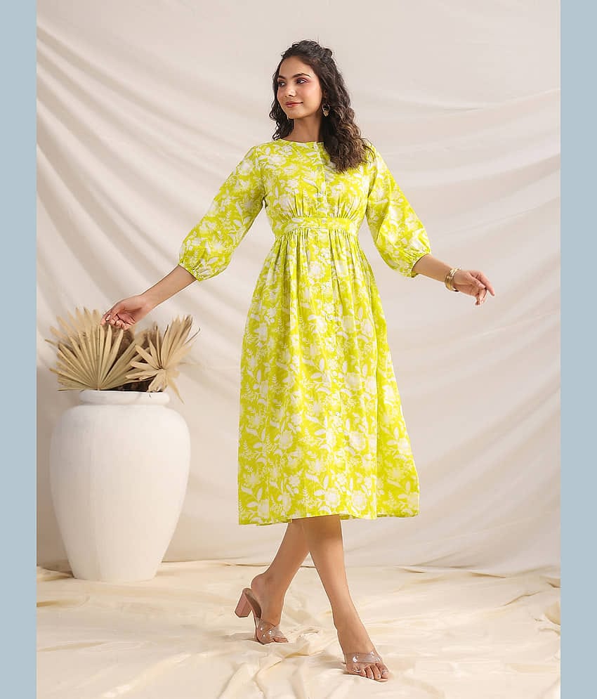 Janasya Women Cotton Printed A-line Dress ( Lime Green )