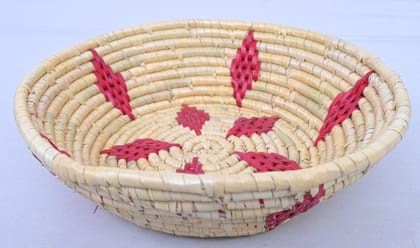 Handwoven Bamboo Fruit Basket – Natural Beige with Red Ethnic Pattern Handwoven Bamboo Fruit Basket – Natural Beige with Red Ethnic Pattern