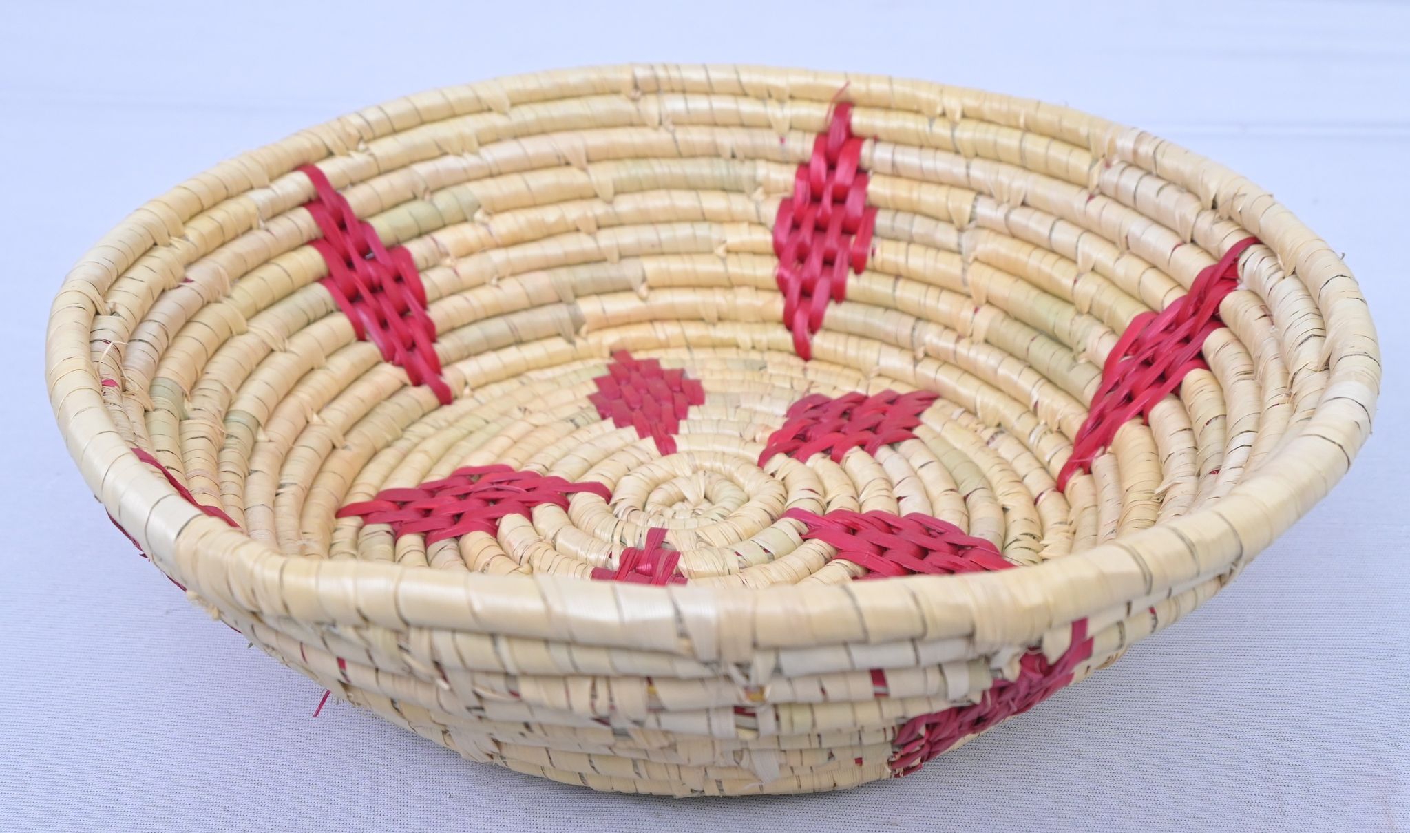 Handwoven Bamboo Fruit Basket – Natural Beige with Red Ethnic Pattern